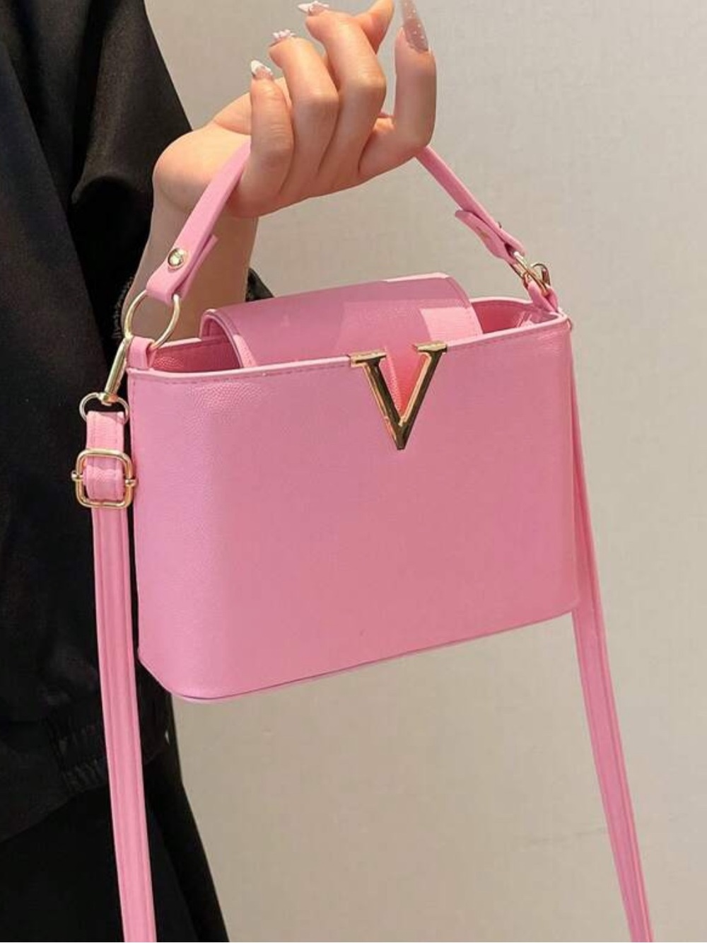 Elegant Pink Mini Top-Handle Crossbody Bag with Gold V Accent